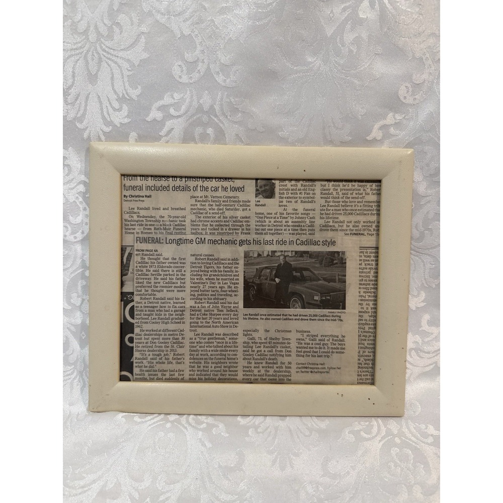 image framed newspaper clipping funeral Lee Randall‎ longtime Cadillac mechanic